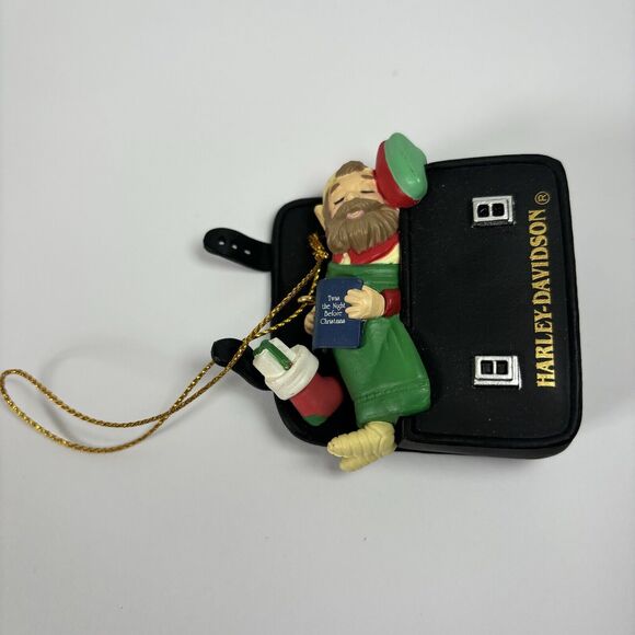 RARE HARLEY DAVIDSON CHRISTMAS ORNAMENT SANTAS ELF ON A SADDLEBAG DATED 1997 VTG - Picture 2 of 14